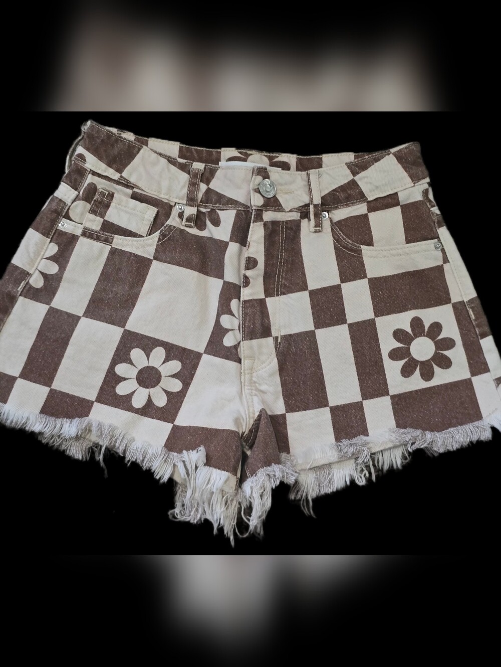 PacSun Eco Flower Checkerboard High Waisted Denim Festival Shorts